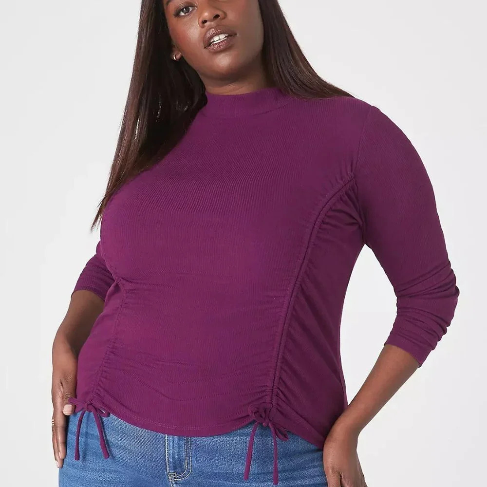 NWOT Lane Bryant Purple Fitted Crop Mock-Neck Double-Drawcord Tee in Size 14/16